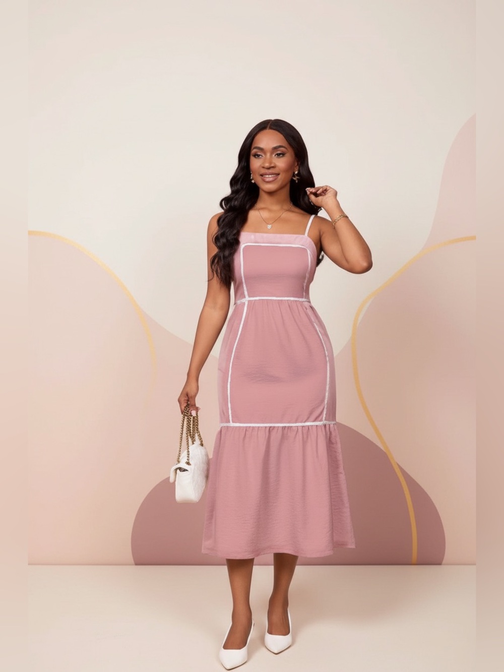 Sleeveless Square-Neck Midi Dress in Dusty Rose